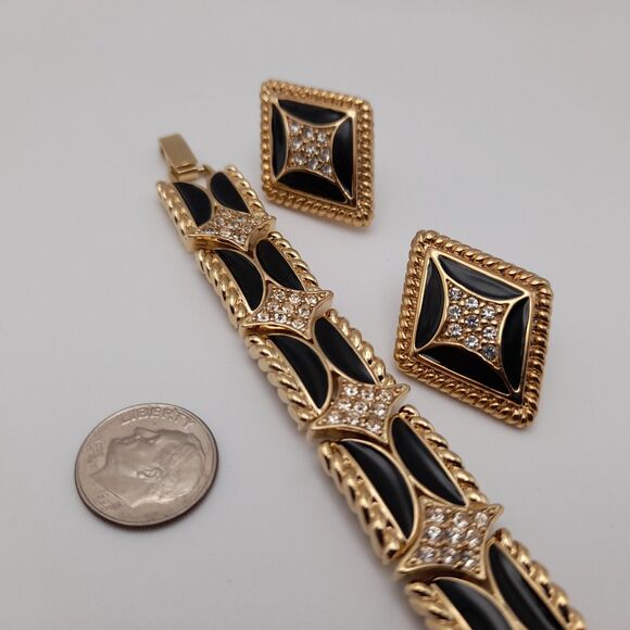 Vintage Park Lane Bracelet Post Earrings Set, Black Enamel Rhinestones - Picture 9 of 11